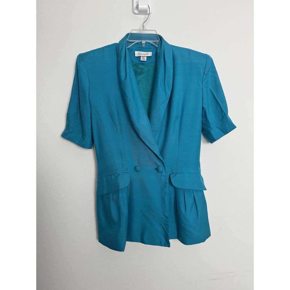 Vintage 80s 90s 100% Silk Blazer Womens 10 Teal Blue Short Sleeve Workwear